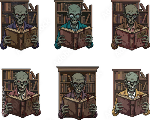 Zombie librarian characters reading ancient books in library, undead readers cartoon style, horror bookworms flat vector illustration, spooky study scene