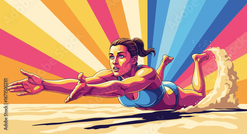 Dynamic illustration of a powerful female athlete diving in the sand during a beach volleyball match with a colorful retro background.