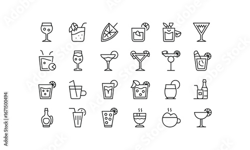 Collection of hand-drawn cocktail and drink icons for bar menus and beverage design white background