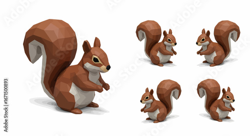 Multiple stylized 3D models of a brown squirrel with a bushy tail standing on a white background, showcasing different sizes.