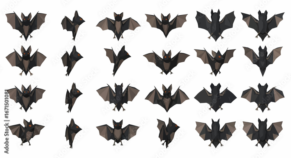 Naklejka premium Collection of twenty-four origami bats, various poses, dark grey paper.
