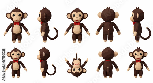 A collection of 3D rendered cartoon monkeys shown from multiple angles, showcasing their design and poses, including one hanging upside down.