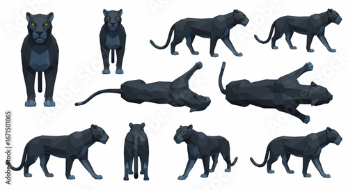 A collection of stylized illustrations depicting various poses of black panthers, showcasing their forms.