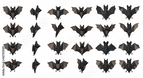 Collection of twenty-four origami bats, various poses, dark grey paper.