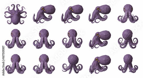 Collection of various poses of a purple cartoon octopus.