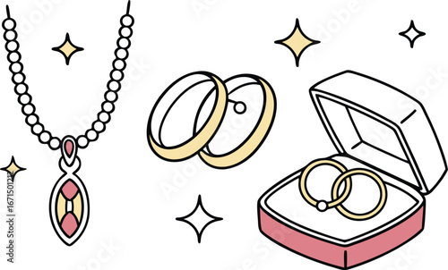 Elegant jewelry set featuring necklace and wedding rings in a velvet box, sparkling with charm.