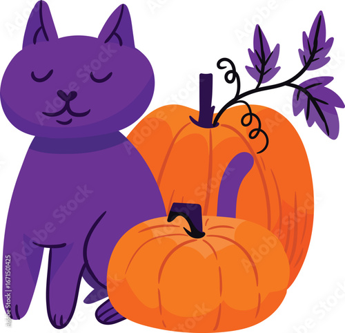 Purple Cat and Pumpkins Halloween Illustration