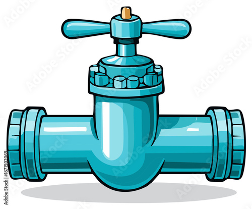 Cartoon style shiny blue faucet or valve illustration for water control and plumbing connections with handles and pipes