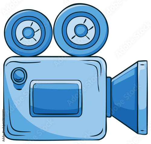 Vibrant Blue Vintage Movie Camera with Reels Hand-Drawn Cartoon Illustration