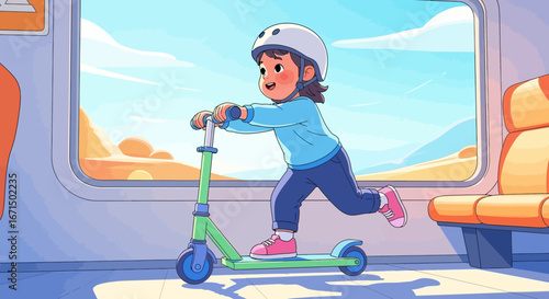 A happy young girl wearing a helmet rides her green scooter inside a moving train.