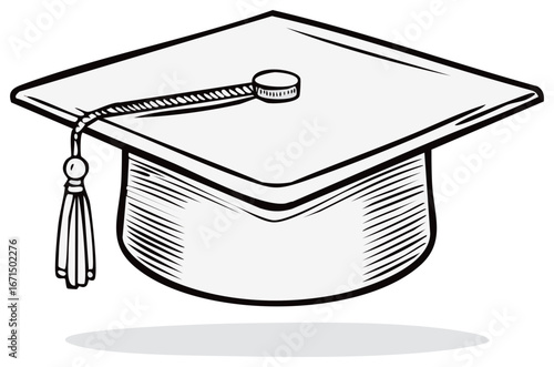 Classic line art illustration of an academic graduation cap mortarboard with a tassel