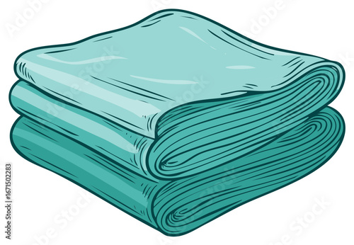 Hand drawn vector illustration of a neat stack of clean folded turquoise towels or fabric