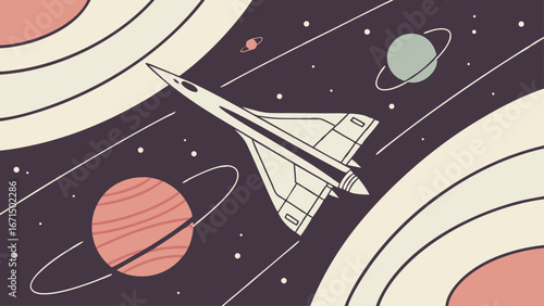 Retro spaceship glides through cosmic expanse with planets and celestial rings, evoking vintage sci-fi adventure