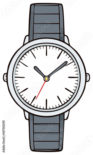 Wristwatch Illustration with Analog Display and Steel Bracelet for Time Keeping, Timing, and Schedule