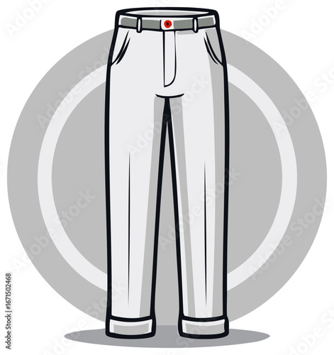 Stylish white cartoon pants with belt and red button displayed in front of a gray circle on a white backdrop