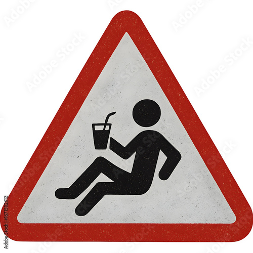 Humorous road sign depicting person slipping while holding a drink, caution and safety awareness for spills in public areas