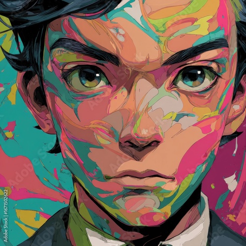 Close-up portrait of a young man, face covered in vibrant, abstract paint splashes
