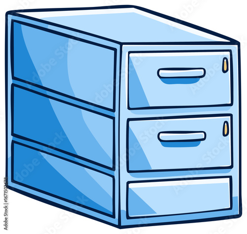 Cartoon illustration of blue filing cabinet with three drawers