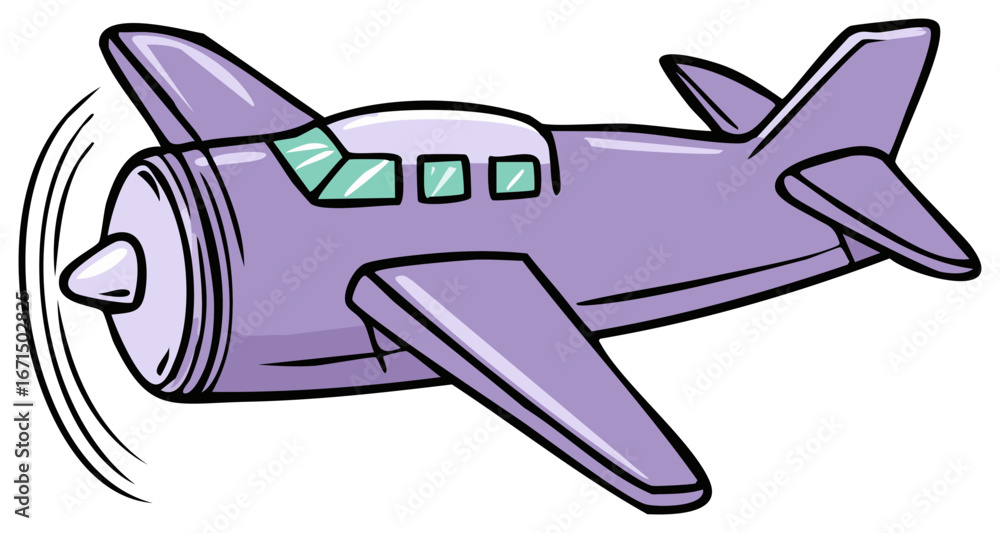 Obraz premium Whimsical Purple Propeller Airplane Flying Forward with Spinning Blades Cartoon Style