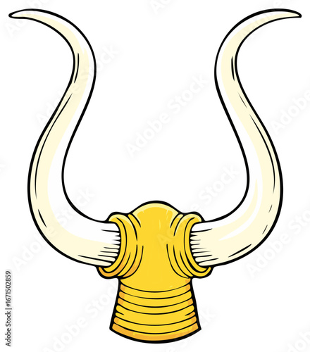 Cartoon illustration of a pair of longhorns with a gold base symbol