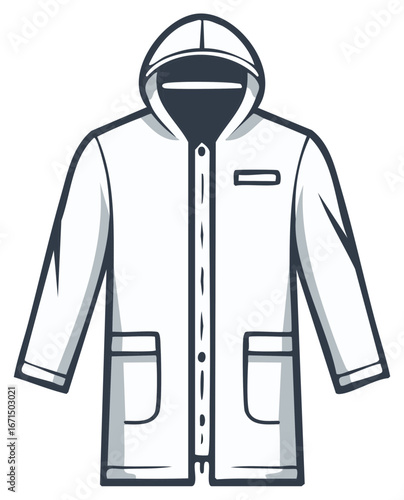 Cartoon illustration of a white raincoat with hood and pockets.