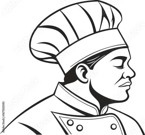Skilled chef in classic uniform with eyes closed, embodying culinary passion and dedication to fine dining.