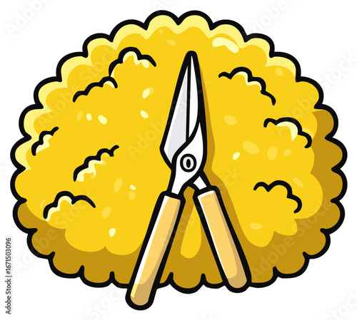 Cartoon Illustration of Garden Shears Trimming a Bush, Gardening Concept