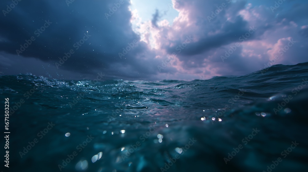 Fototapeta premium Dark clouds gather over the ocean as waves ripple beneath a dramatic sky, creating an atmospheric landscape at twilight