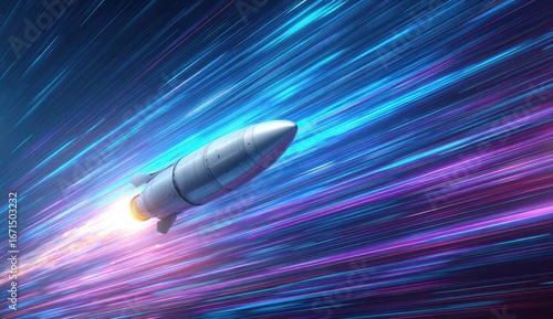 Rocket streaks through vibrant, fast-moving digital space