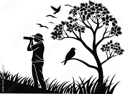 Nature enthusiast captures wildlife moments with binoculars beside a scenic tree and soaring birds.