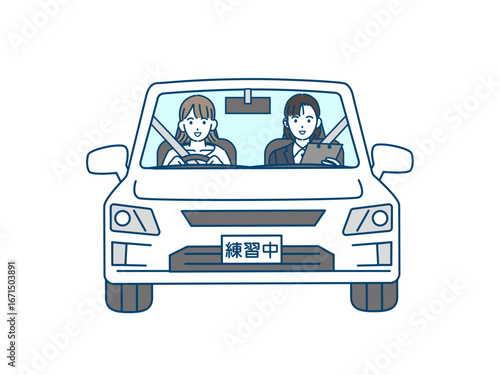 自動車教習を受ける女性のイラスト