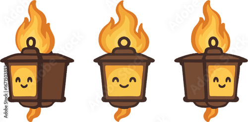 Flaming lantern characters with faces warm glow and sparks