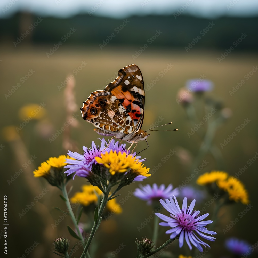 Obraz premium Macro close up of a colorful butterfly resting on wildflowers, vibrant nature background, perfect for spring and summer themes.