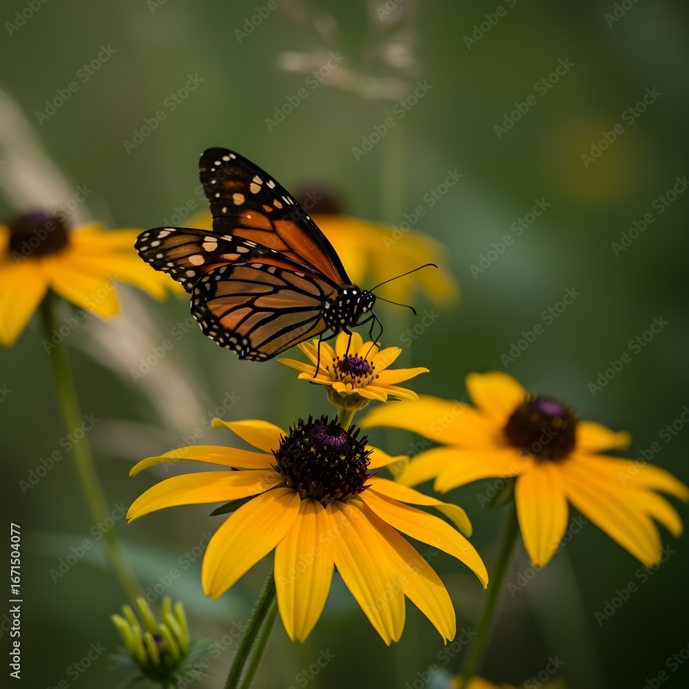Obraz premium Macro close up of a colorful butterfly resting on wildflowers, vibrant nature background, perfect for spring and summer themes.
