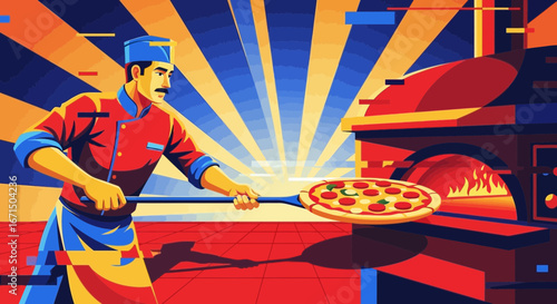 A stylized illustration of a male chef with a mustache putting a pepperoni pizza into a fiery brick oven using a peel.