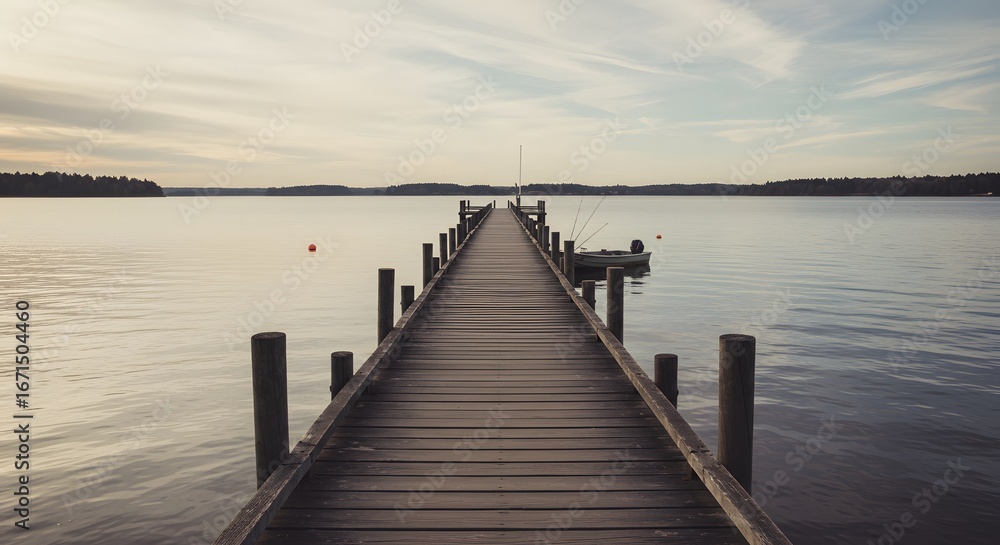 Obraz premium Wooden pier extends over calm lake