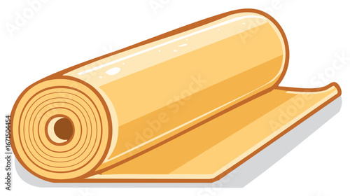 Rolled up warm yellow material with brown border against white