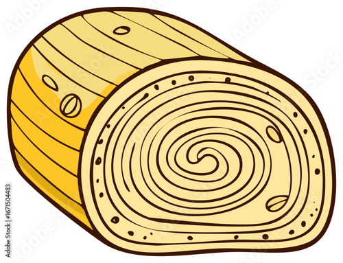 Cute cartoon style yellow swiss roll cake slice with swirl pattern and sprinkles