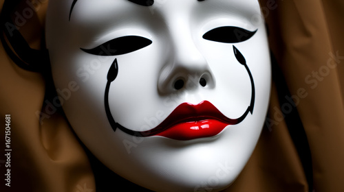 Stylized white mime mask with closed eyes, black teardrops, and contrasting red lips.