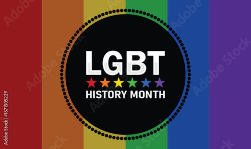 Bold LGBT History Month Emblem with Rainbow Stars and Pride Stripes. Background, poster, postcard, banner design.