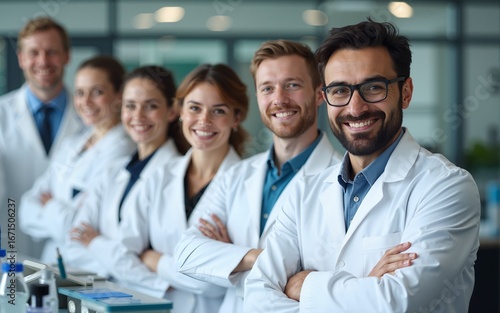 Diverse team of smiling scientists in a laboratory. High quality