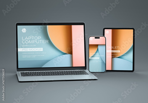Mobile Phone, Laptop and Tablet Mockup On Grey Background