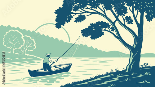 Serene angler casts line from boat on peaceful lake surrounded by lush trees and rolling hills