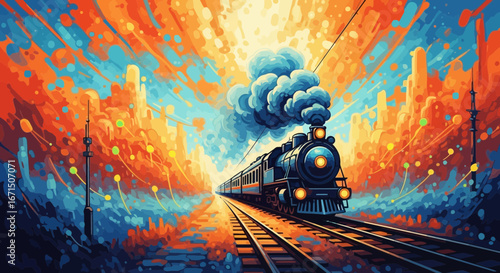 An artistic, colorful painting of a steam train traveling through a vibrant, abstract cityscape at sunset.