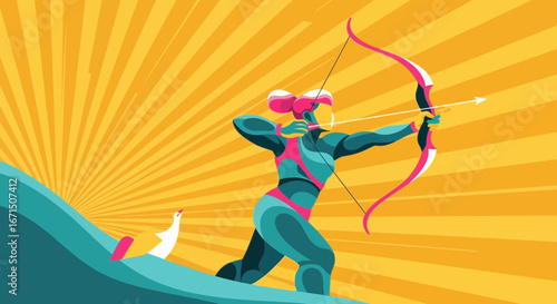 A powerful female archer in a dynamic pose aims her bow and arrow, depicted in a vibrant, stylized illustration with a sunburst background.