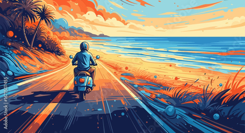 Vibrant illustration of a person riding a scooter on a scenic coastal highway next to the ocean at sunset.