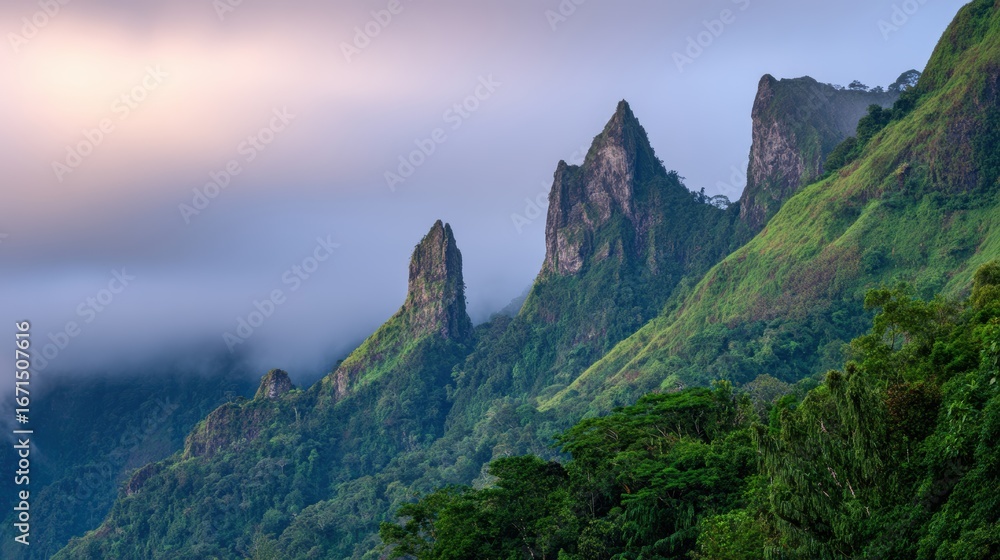 Naklejka premium Majestic mountain peaks rise above lush green forests under a soft, cloudy sky at dawn