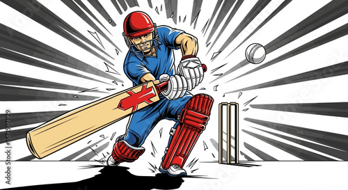Dynamic comic book style illustration of a cricket batsman hitting a powerful shot towards the viewer.