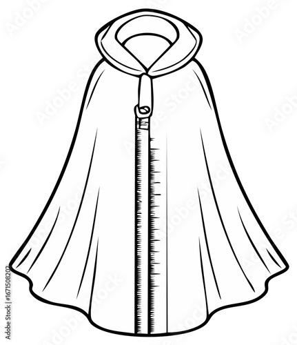 Simple line art drawing of a hooded cloak with a front zipper