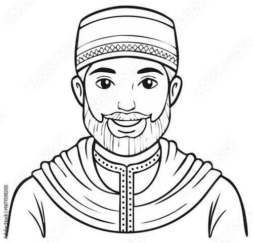 Smiling man in traditional Middle Eastern attire with beard line art illustration